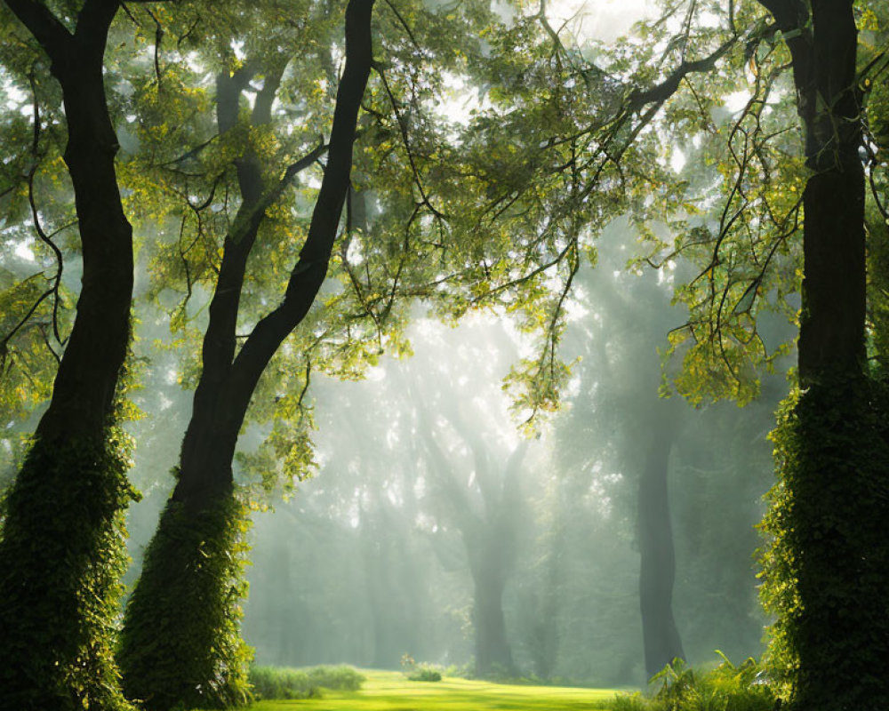 Misty forest clearing with sunlight filtering through trees