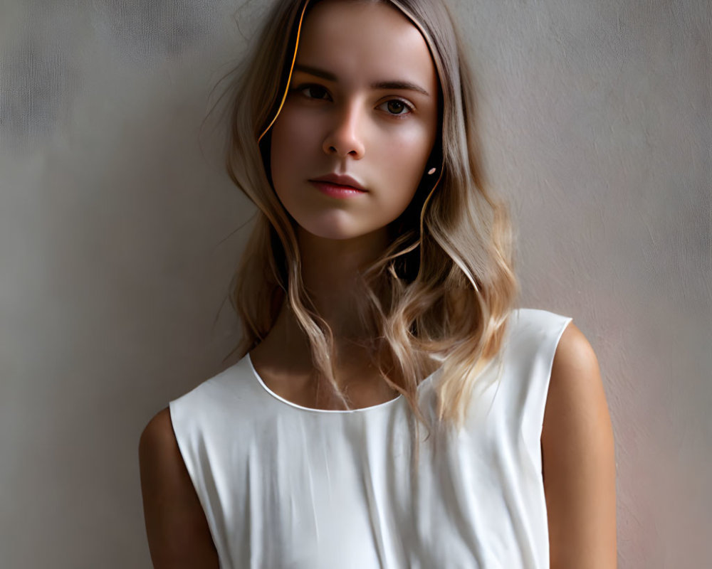 Blond woman in white top with contemplative expression