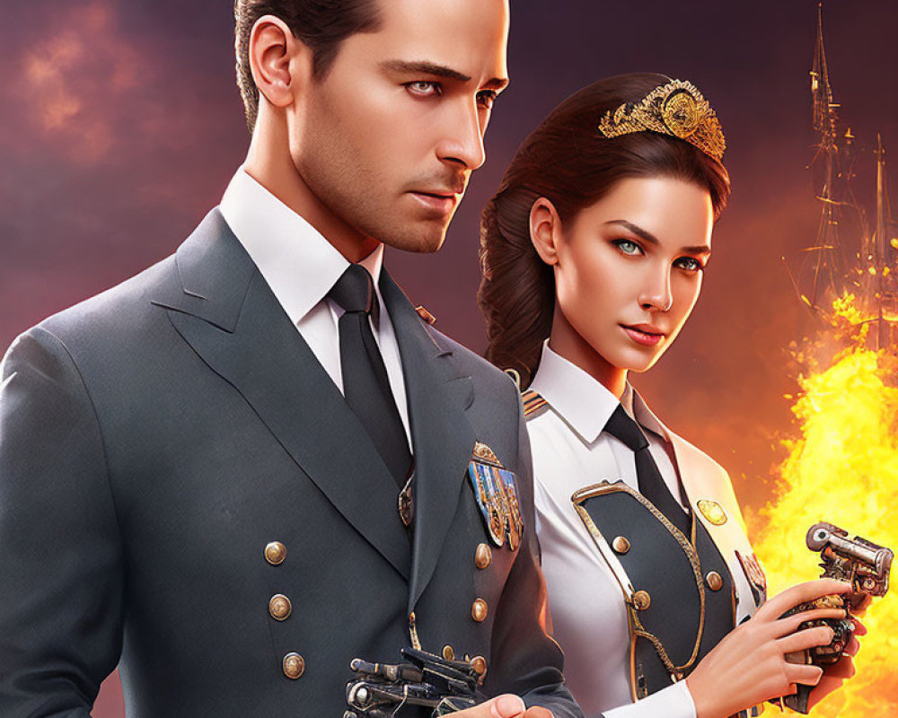 Man and woman in military uniforms with pistols in intense gaze, fiery explosion backdrop.