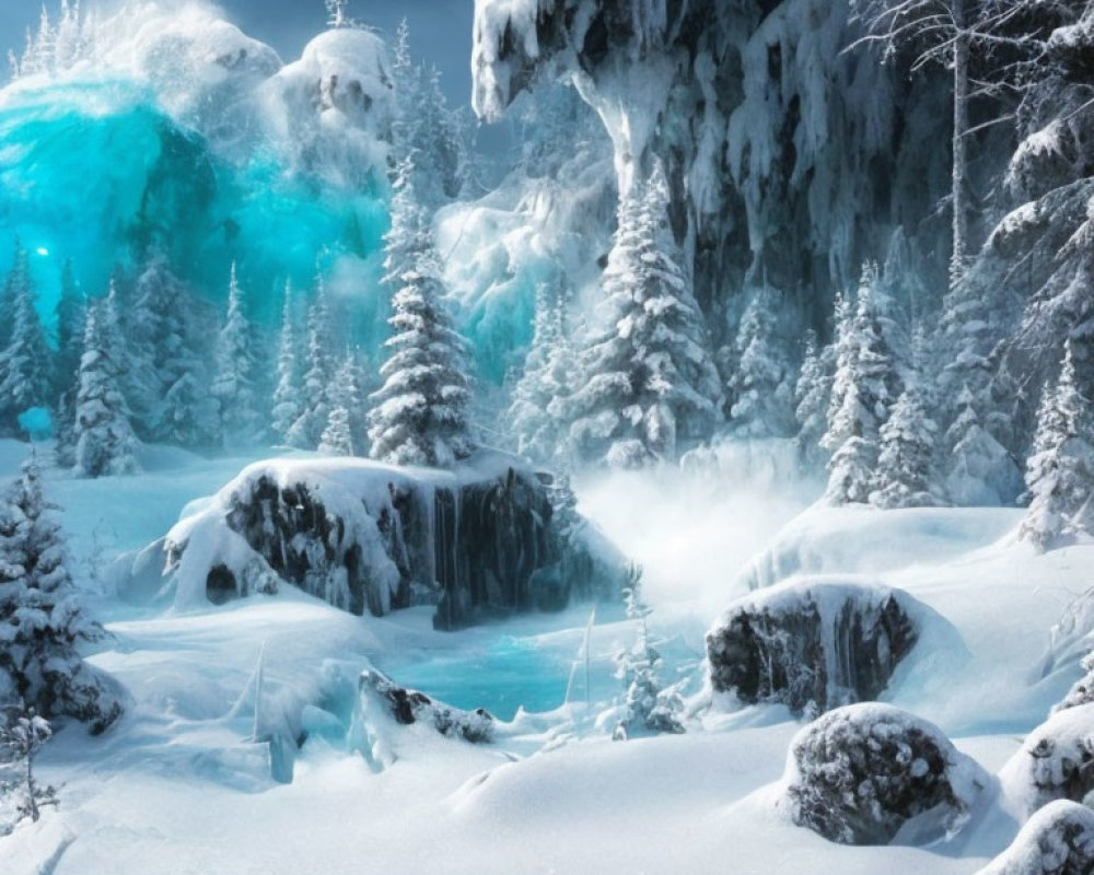 Snow-covered trees, icy waterfall, and ethereal blue glow in magical winter scene