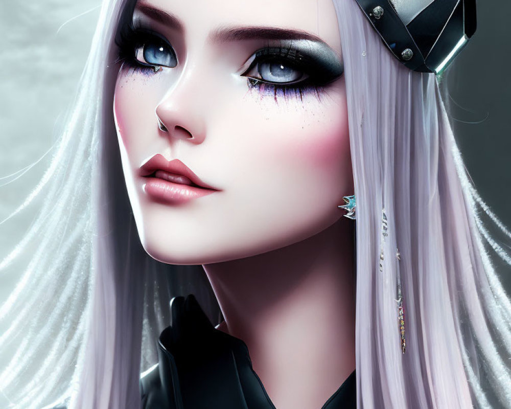 3D illustration of female character with purple eyes, white hair, black beret, and gloves