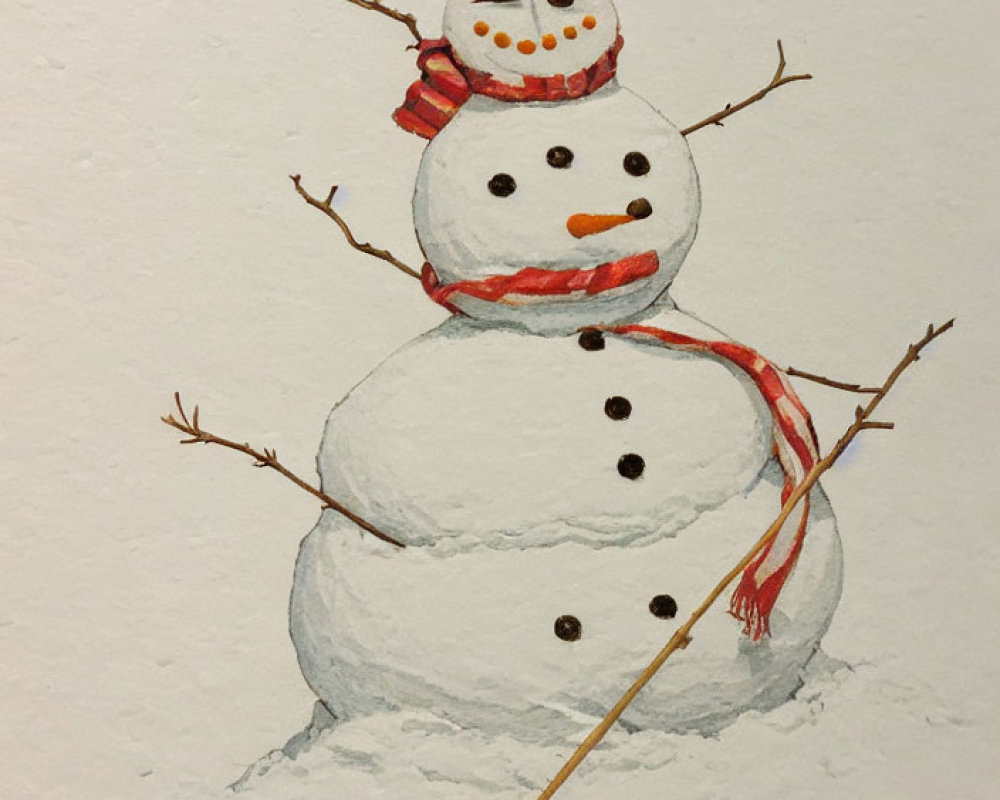 Cheerful snowman watercolor painting with red-striped scarf and carrot nose