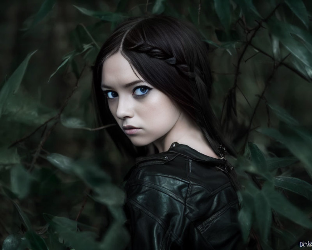 Fair-skinned person with dark hair in braid among leafy branches, wearing black leather jacket and