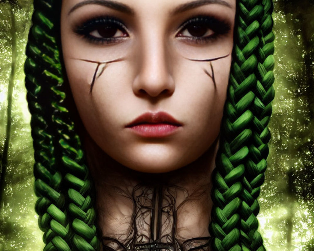 Portrait of Woman with Green Braided Hair in Mystical Forest