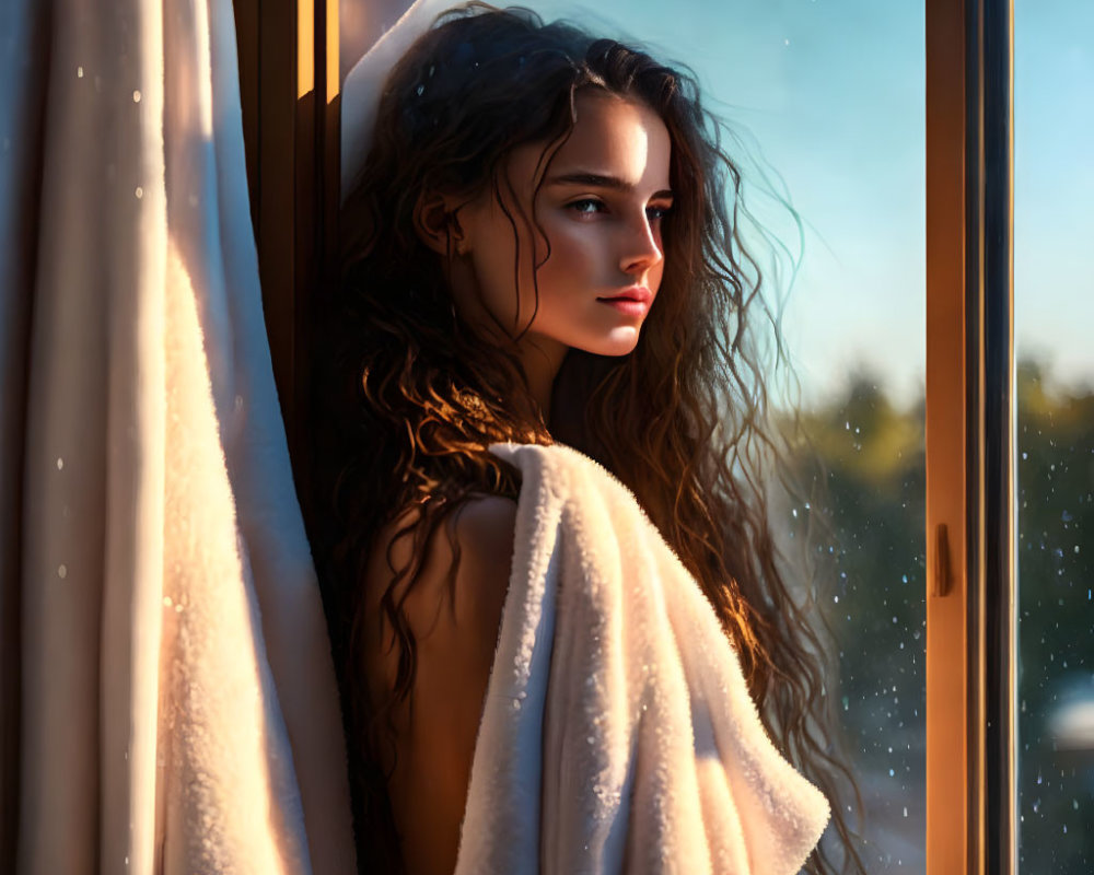 Woman in white towel gazes out window at sunset with curly hair and thoughtful expression