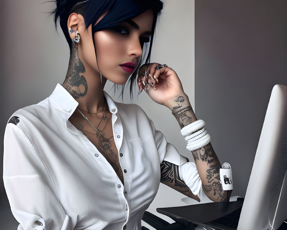 Digital illustration of woman with blue hair, tattoos, piercings, and bracelets staring at computer screen