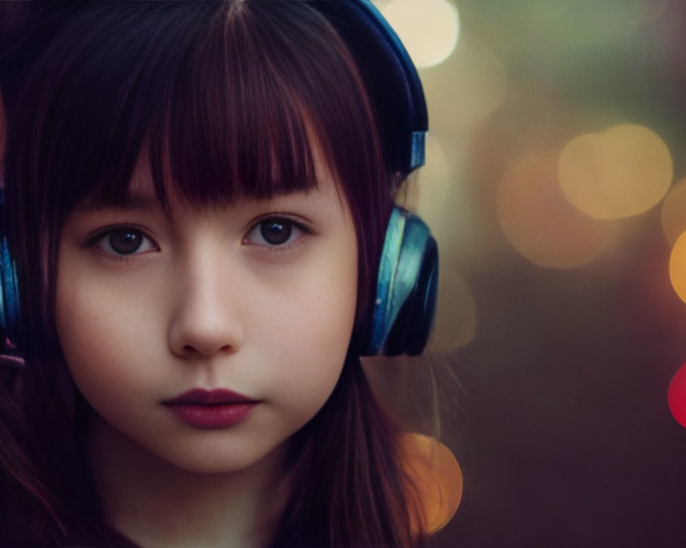 Young girl with bangs in headphones and soft gaze against bokeh light.