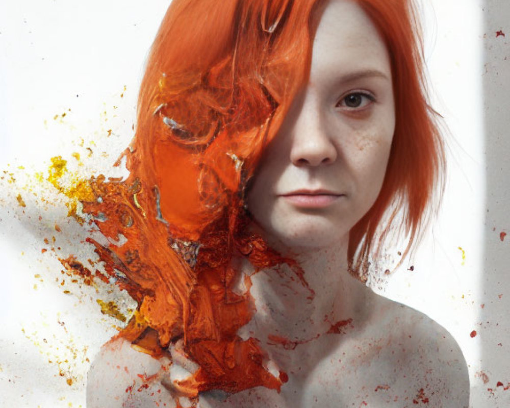 Fiery red-haired person with paint splatters on white background