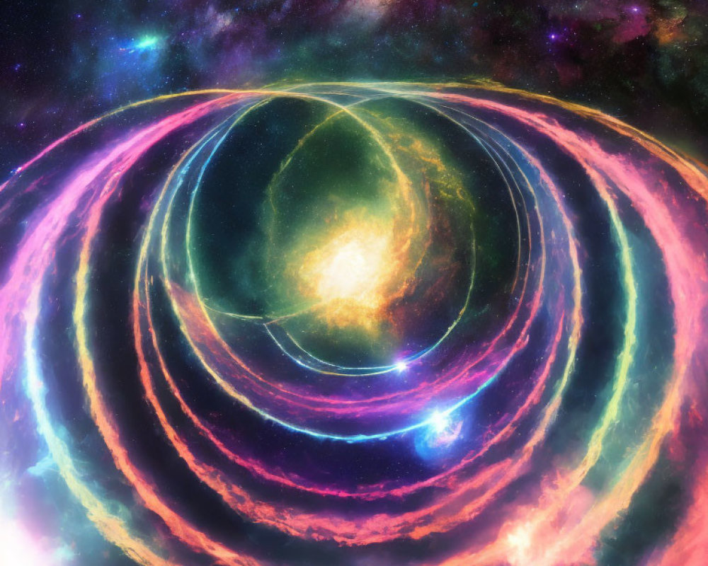 Colorful cosmic scene with swirling galactic colors and luminous rings around a bright celestial body.