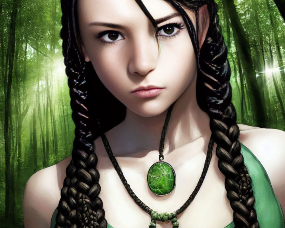 Digital Artwork: Woman with Braided Hair and Green Necklace in Mystical Forest