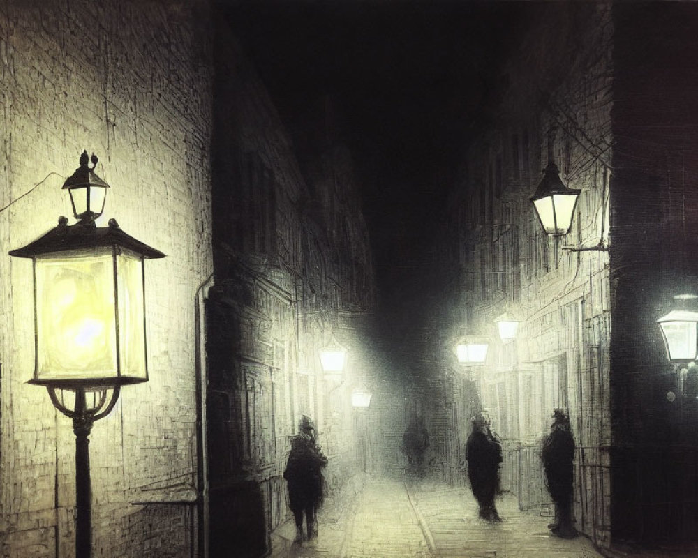 Dimly Lit Cobblestone Alley with Figures Walking at Night