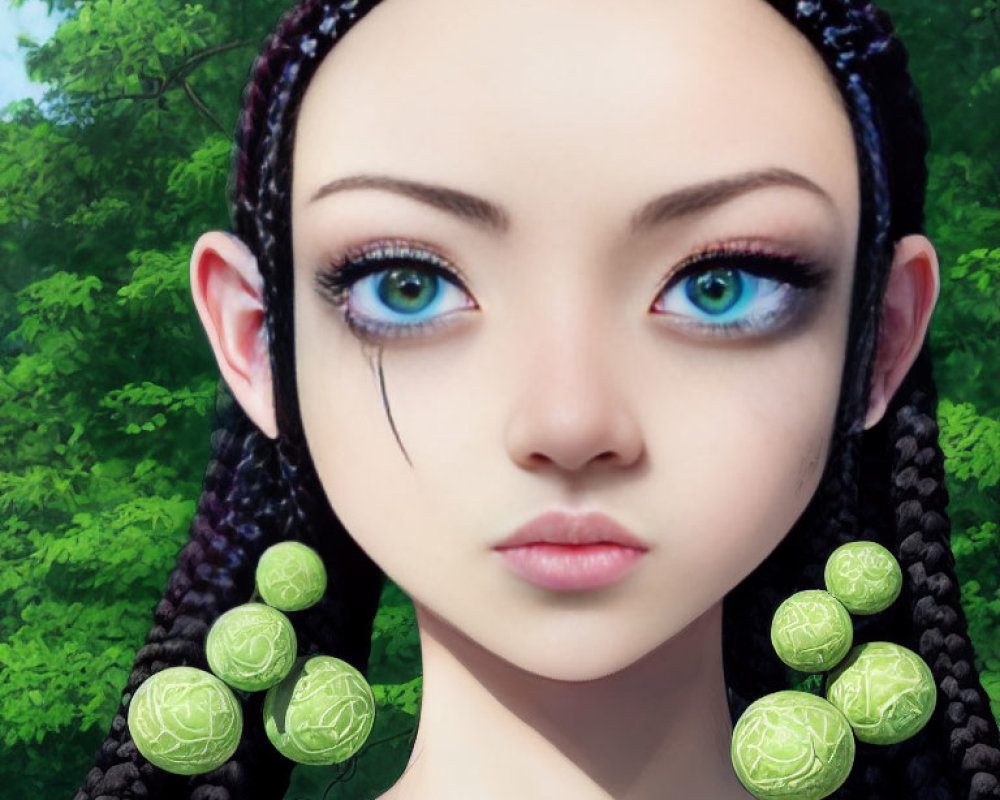 Digital artwork featuring female with pointed ears, braided black hair, green spherical earrings in forest.