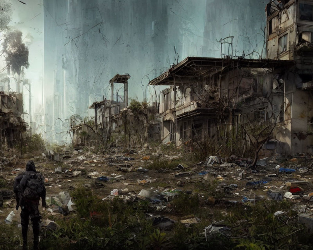 Urban Ruins: Lone Figure in Tactical Gear Amidst Dilapidated Landscape