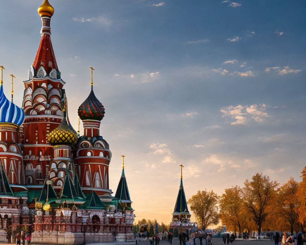 Colorful onion domes of Saint Basil's Cathedral at sunset in Moscow, Russia