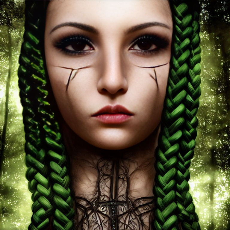 Portrait of Woman with Green Braided Hair in Mystical Forest