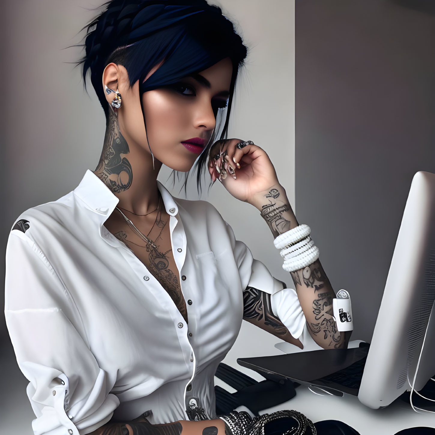 Digital illustration of woman with blue hair, tattoos, piercings, and bracelets staring at computer screen