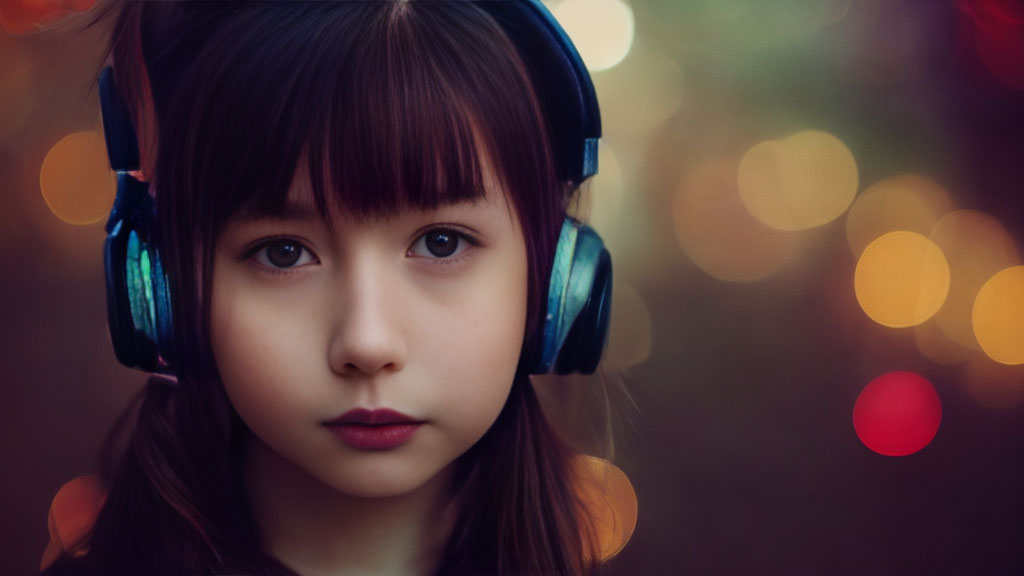 Young girl with bangs in headphones and soft gaze against bokeh light.