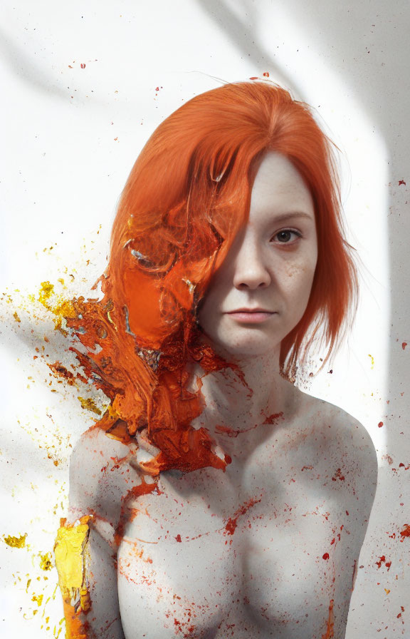 Fiery red-haired person with paint splatters on white background