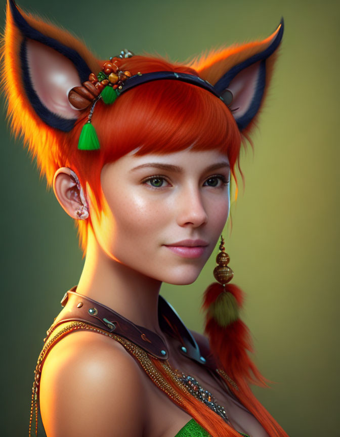 Fantasy-themed digital artwork of woman with fox-like ears and red hair