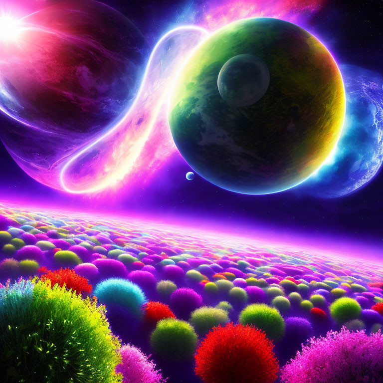 Colorful surreal landscape with green planet and galaxy in purple sky