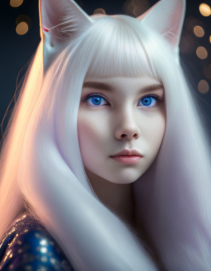 Fantasy portrait featuring person with blue eyes, white hair, and cat-like ears