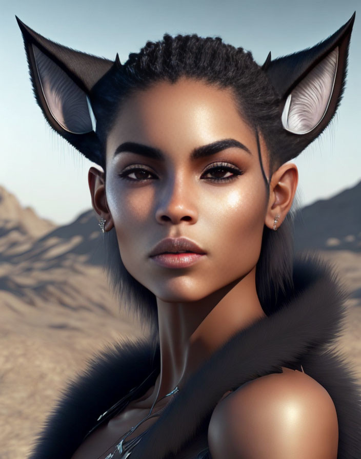 Digital artwork: Woman with cat-like ears, piercing gaze, flawless skin, fur garment in desert.