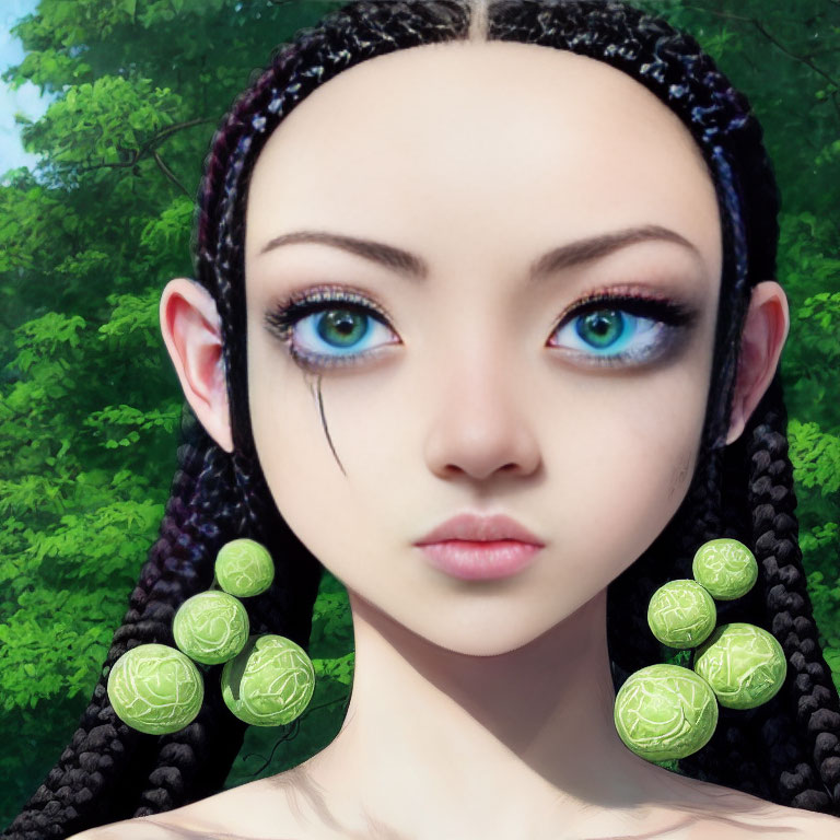 Digital artwork featuring female with pointed ears, braided black hair, green spherical earrings in forest.