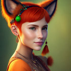 Fantasy-themed digital artwork of woman with fox-like ears and red hair