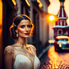 Classic Hairstyle Woman in White Dress at Table with Drink in Historical City Setting