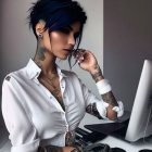 Digital illustration of woman with blue hair, tattoos, piercings, and bracelets staring at computer screen