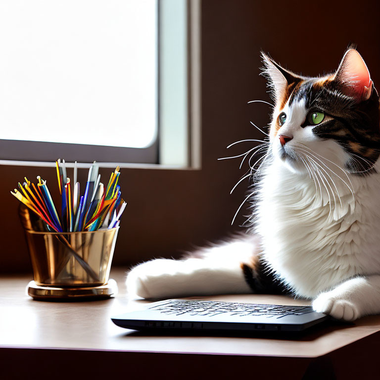 Fluffy cat with black, white, and brown fur near a keyboard and colorful pens