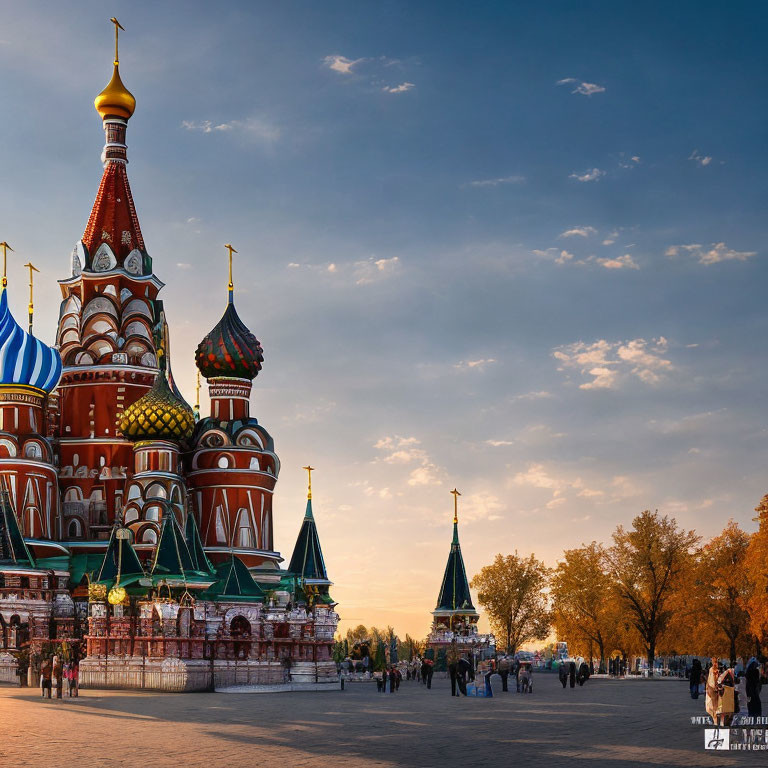 Colorful onion domes of Saint Basil's Cathedral at sunset in Moscow, Russia