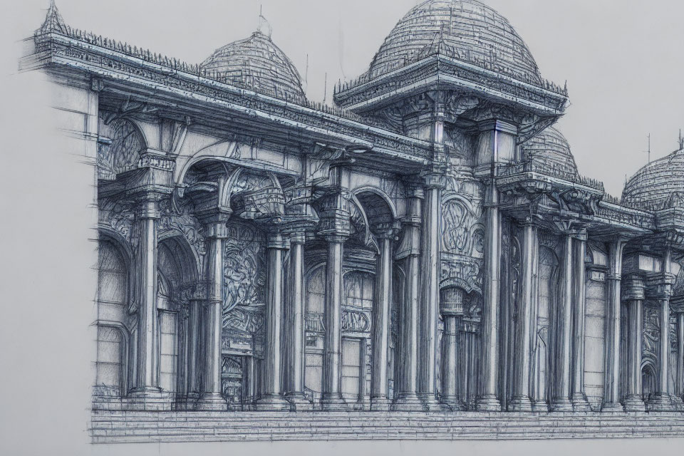 Detailed Pencil Sketch of Grand Classical Building with Domes & Columns