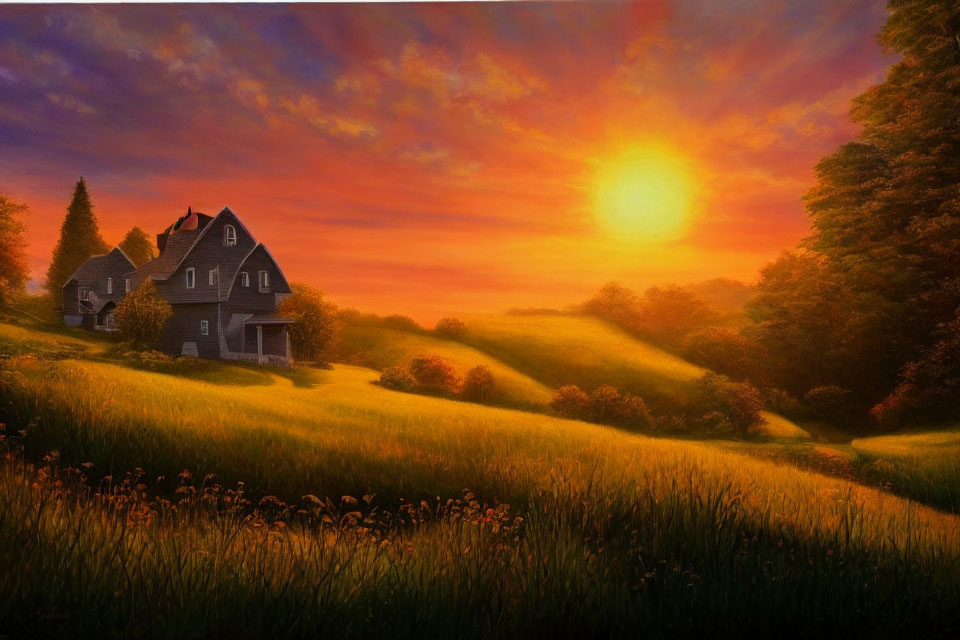 Tranquil sunset landscape with countryside house and rolling hills