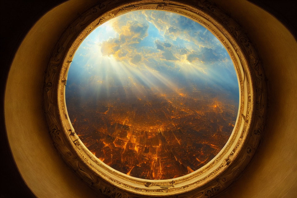 Circular Window Frames Golden Cityscape with Sun Rays