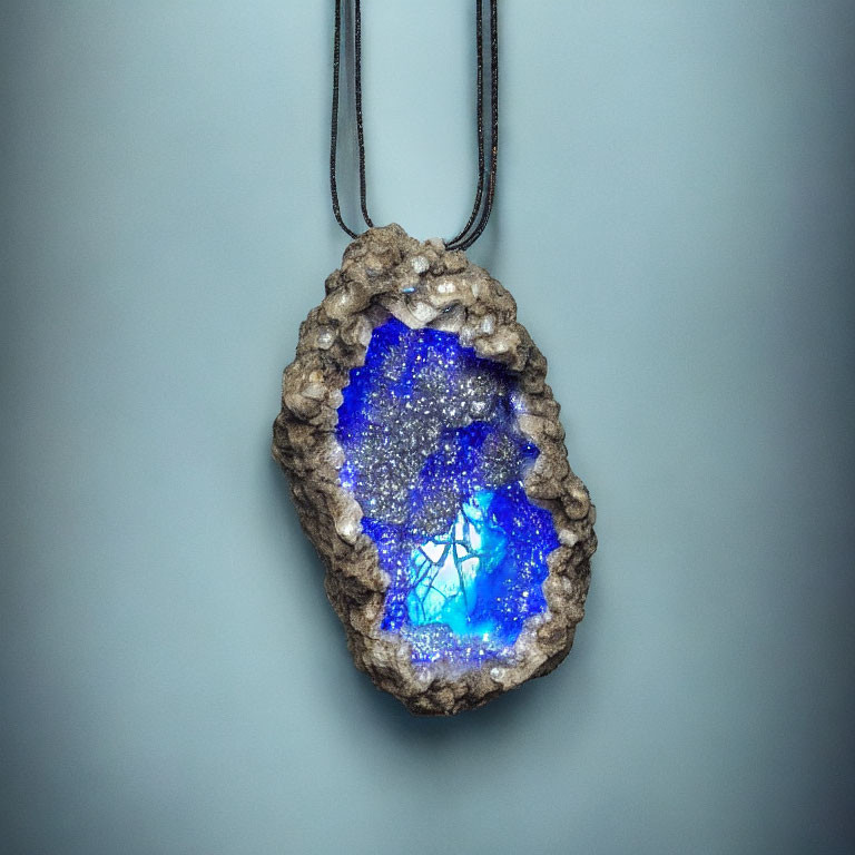 Geode Design Pendant with Blue Crystal Center on Brown Exterior