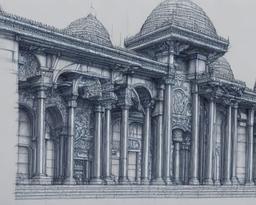 Detailed Pencil Sketch of Grand Classical Building with Domes & Columns