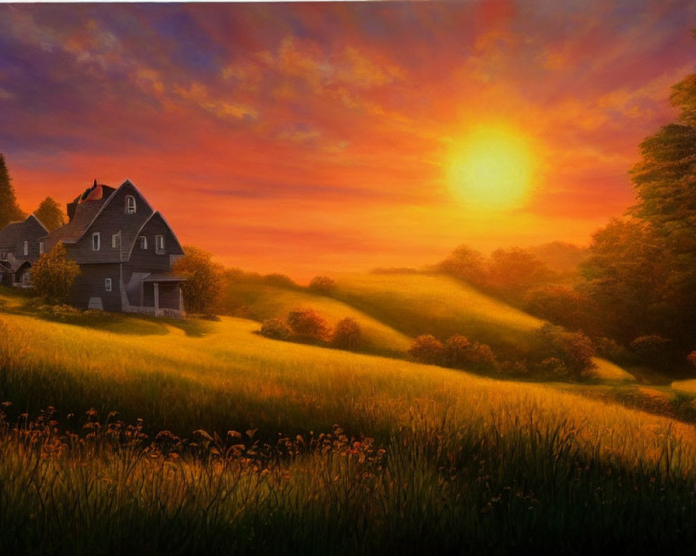 Tranquil sunset landscape with countryside house and rolling hills