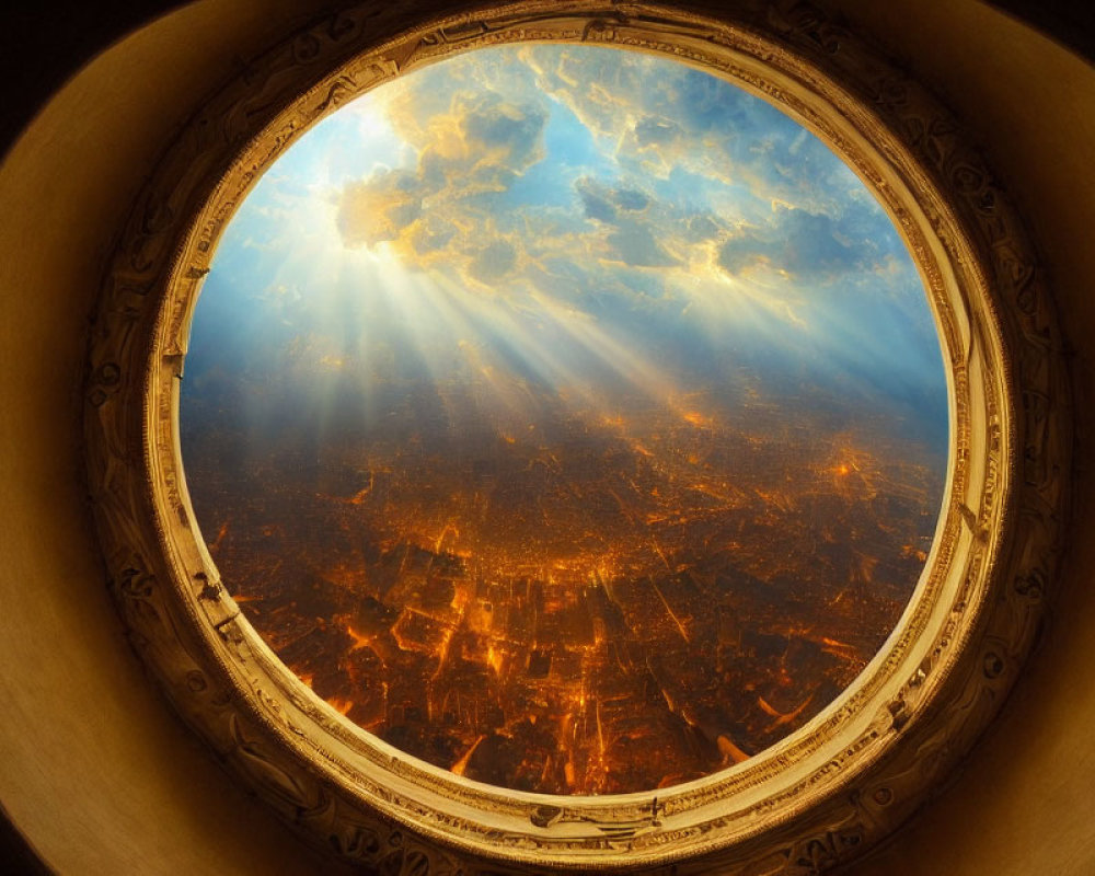 Circular Window Frames Golden Cityscape with Sun Rays