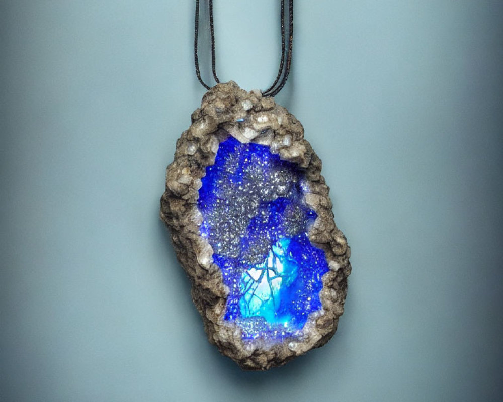 Geode Design Pendant with Blue Crystal Center on Brown Exterior