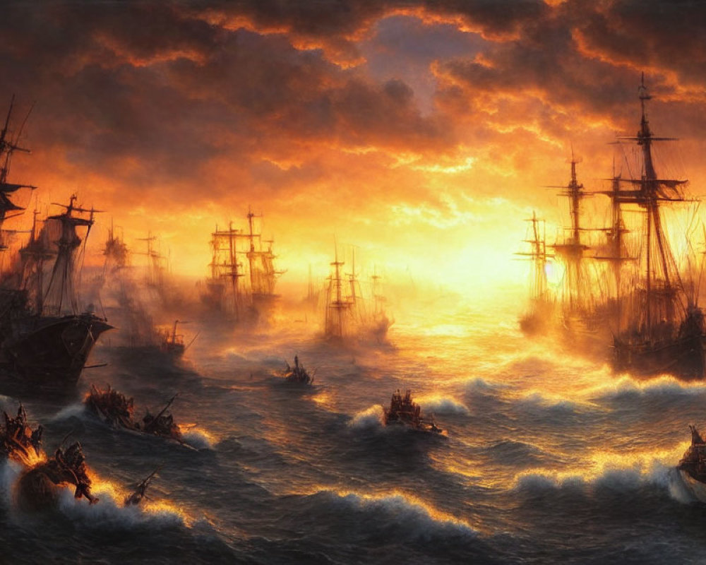 Numerous sailing ships battle turbulent seas under a fiery sky