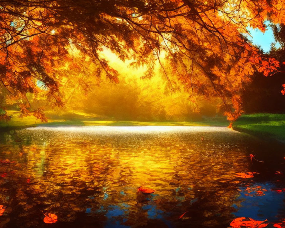 Tranquil autumn pond with vibrant foliage and warm sunlight