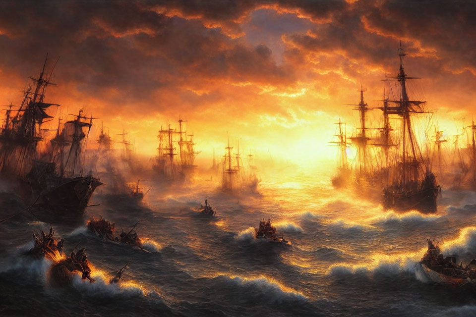 Numerous sailing ships battle turbulent seas under a fiery sky