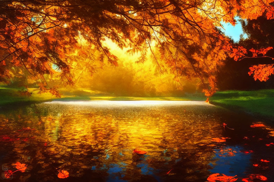 Tranquil autumn pond with vibrant foliage and warm sunlight