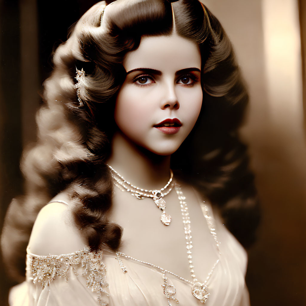 Sepia-Toned Vintage Portrait of Woman with Elegant Wavy Hair and Pearl Jewelry