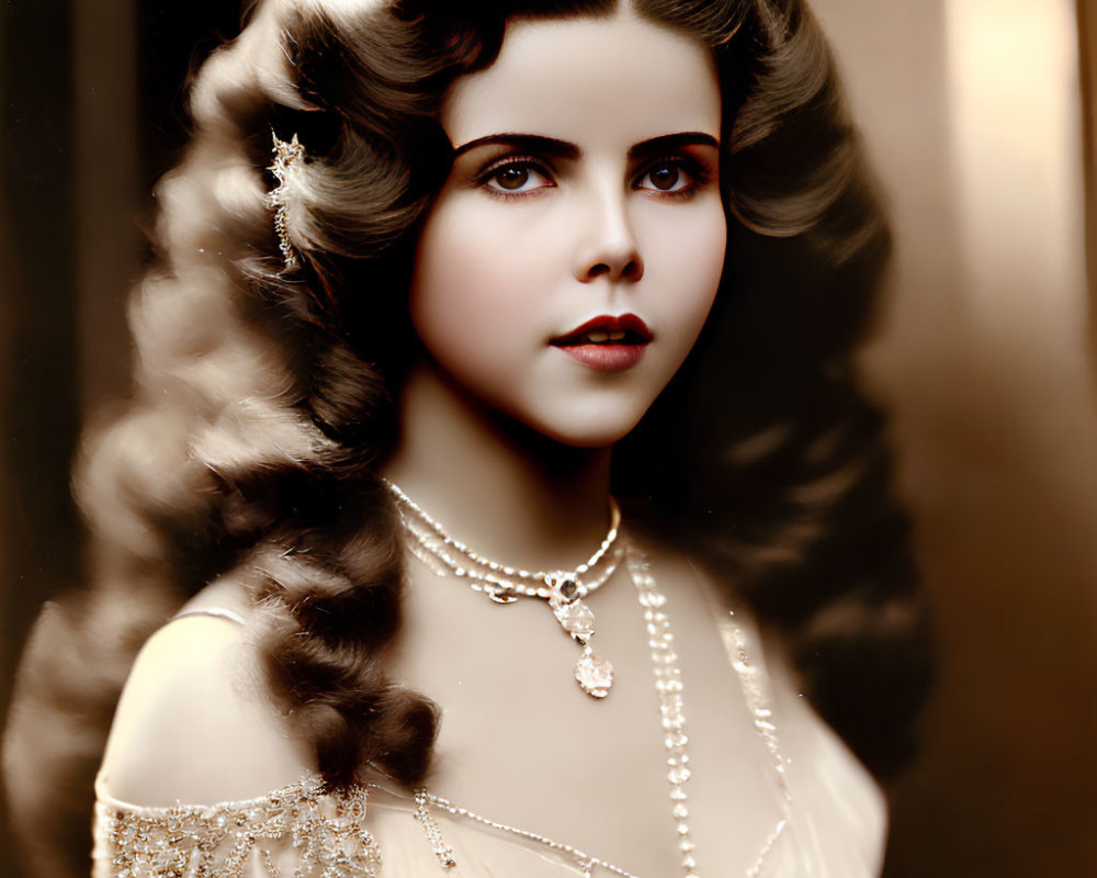 Sepia-Toned Vintage Portrait of Woman with Elegant Wavy Hair and Pearl Jewelry