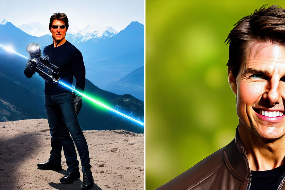 Man with lightsaber in mountainous and green background