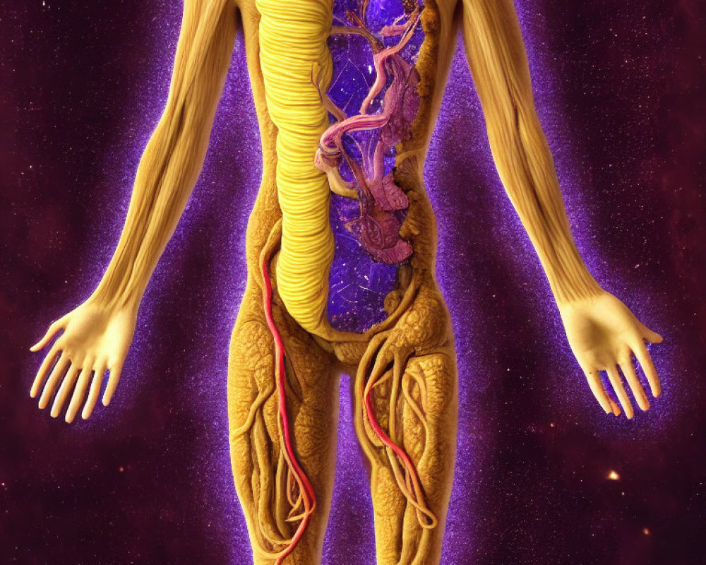 Detailed Human Body Anatomy Illustration with Muscles and Organs on Cosmic Background