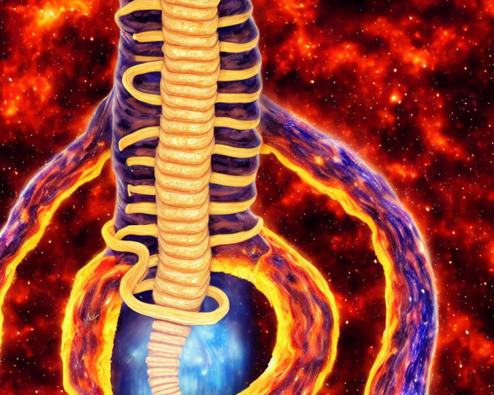 Cosmic anatomy concept: human spine with interstellar gas and planet.