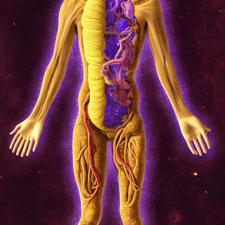 Detailed Human Body Anatomy Illustration with Muscles and Organs on Cosmic Background